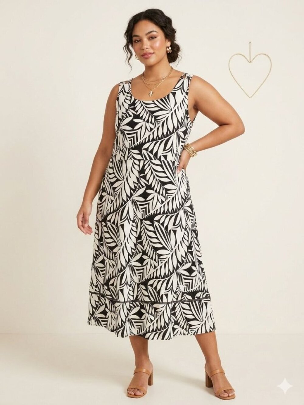 Nicole Miller Black Ivory Tropical Leaf Print Midi Dress A-Line Resort Boho 3X